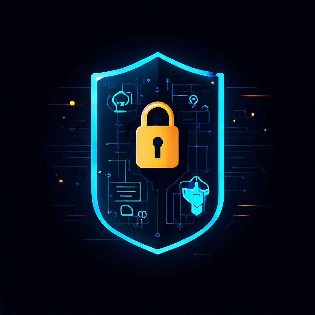 디지털 보안 방패 뒤에 선 사용자가 자물쇠와 체크리스트 아이콘으로 상징되는 온라인 보안 수칙을 통해 자신의 개인정보를 안전하게 보호하는 방법을 보여주는 그림.