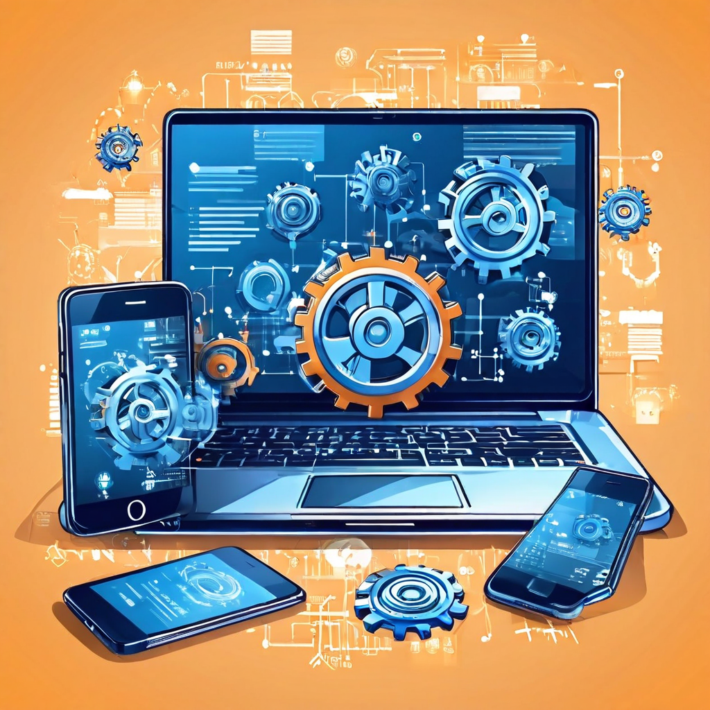 스마트폰, 태블릿, 노트북이 정교한 톱니바퀴로 연결되어 완벽한 기기 간 호환성 및 통합 시스템 전략을 시각적으로 보여주는 이미지.