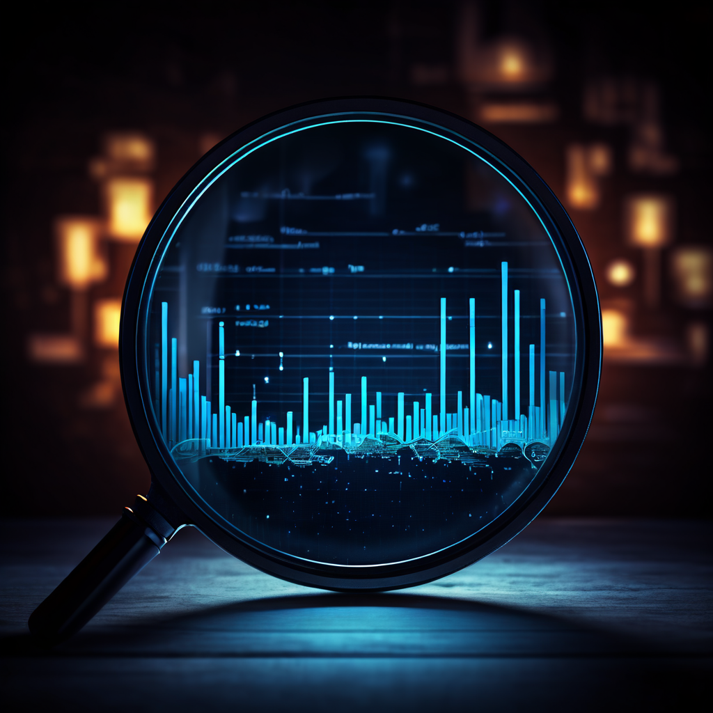 빛나는 검색 트렌드 차트 이면에 숨겨진 핵심 인사이트를 돋보기로 심층 분석하여 중요한 비밀을 발견하는 과정을 신비롭게 묘사하는 그림.