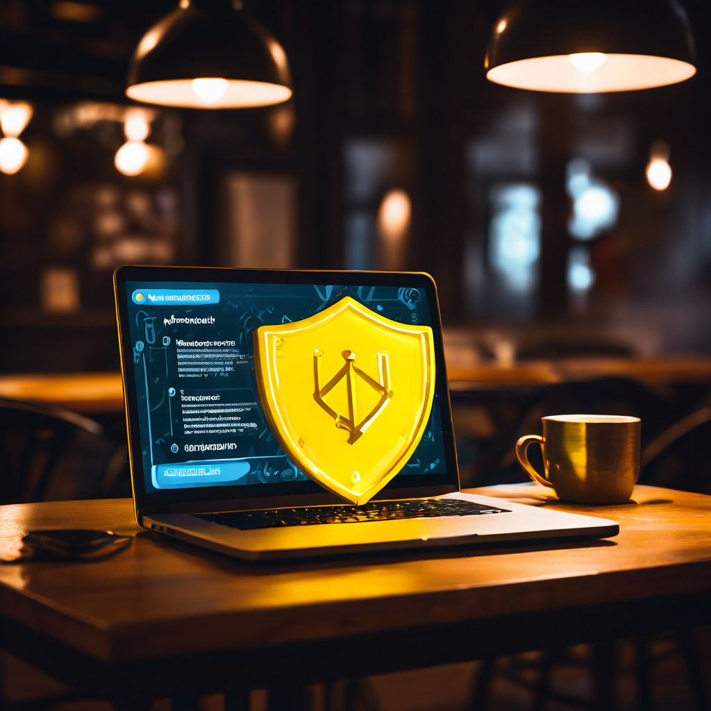 공공장소 카페에서 노트북으로 공유 네트워크 접속 시 필요한 보안 조치를 상징하는 이미지로, 경고 아이콘과 방패는 안전한 공용 와이파이 사용과 개인정보 보호의 중요성을 설명합니다.