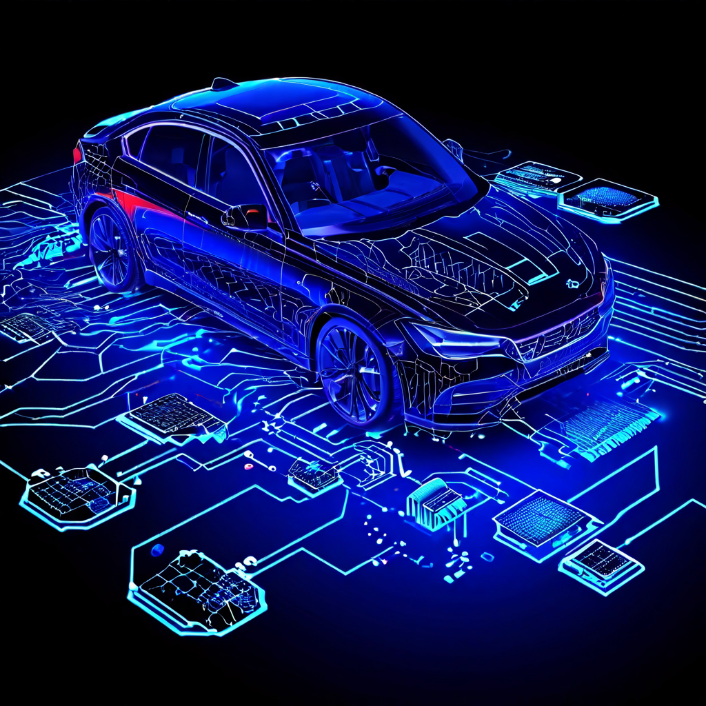 차량 센서에서 실시간으로 수집되는 주행 데이터가 중앙 인공지능(AI) 프로세서로 전송되어 사고를 예측하고 감지하는 시스템의 작동 원리를 시각적으로 보여주는 다이어그램.