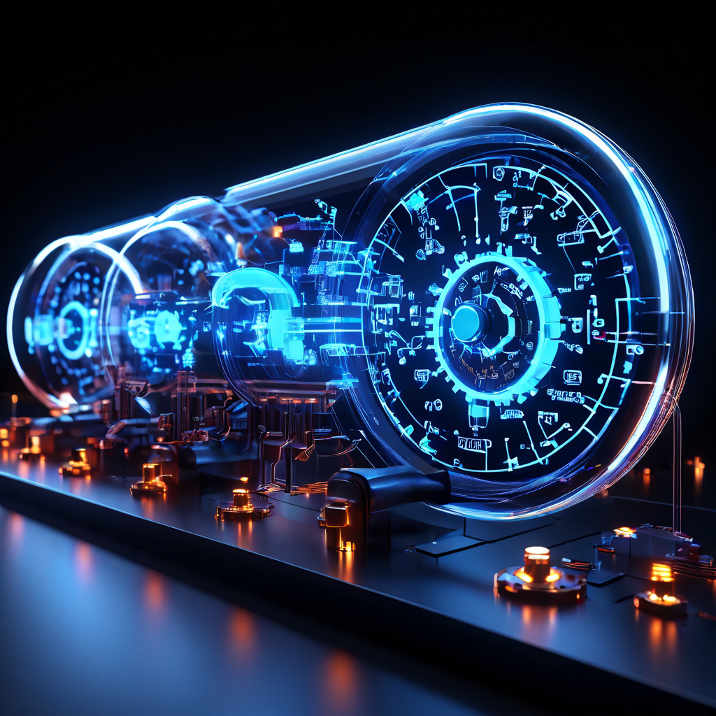 WebGL 렌더링 파이프라인 최적화를 위해 주요 변수를 제어 다이얼로 미세 조정하여 3D 그래픽 데이터 흐름을 효율화하고 성능을 개선하는 개념을 시각적으로 보여주는 이미지.