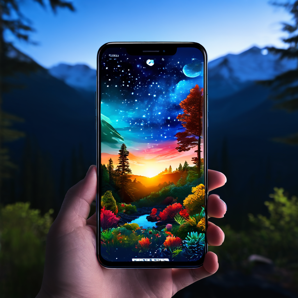 스마트폰 화면이 어두운 밤하늘 테마에서 밝은 자연 경관 테마로 자연스럽게 전환되며 자동 색상 및 밝기 조절 기능을 시연하는 모습을 보여줍니다.