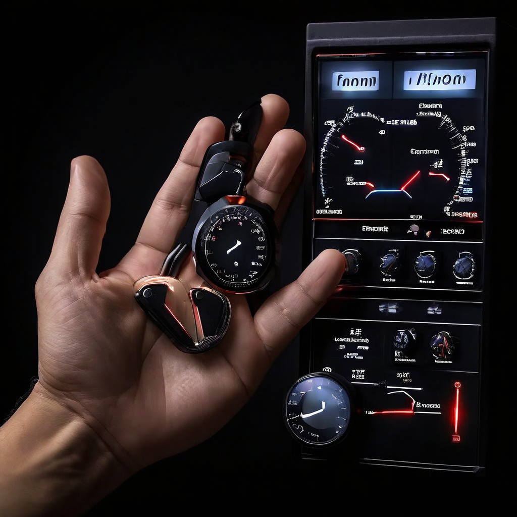 감정과 충동을 정밀하게 조절하는 과학적 인터페이스를 장갑 낀 손이 다이얼과 슬라이더를 조작하며 제어하는 모습을 담은 이미지입니다.