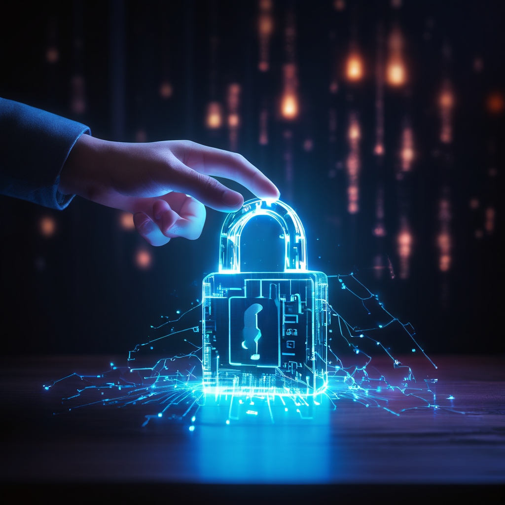 사이버 보안의 취약성을 상징적으로 드러내는 손이 빛나는 추천인 코드를 향해 필사적으로 뻗어 나가는 모습으로, 디지털 자물쇠와 데이터 스트림이 위협에 노출된 상황을 강조합니다.