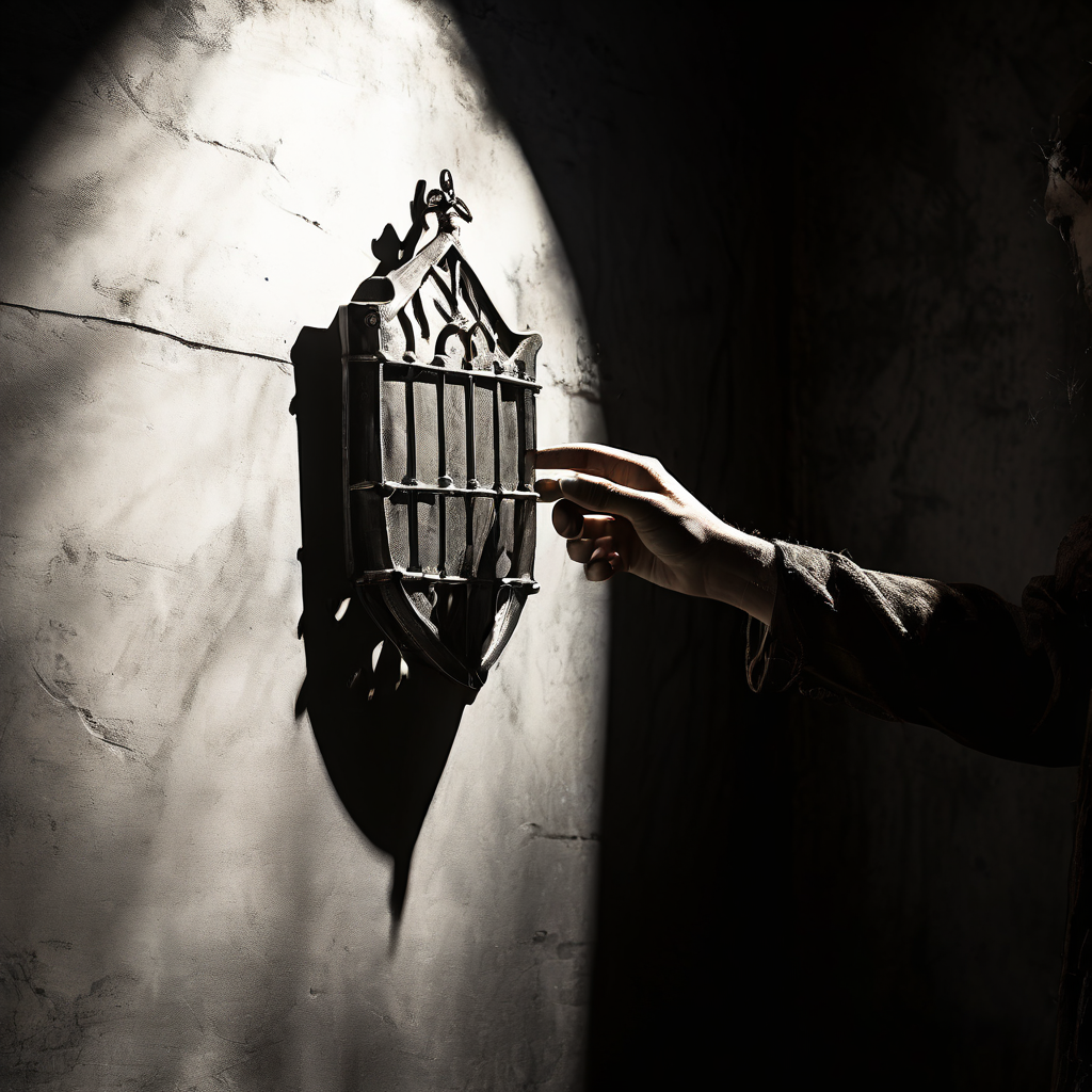 손이 방패를 건네지만 벽에 드리운 그림자는 감옥이나 족쇄 모양을 형성하여 도움과 구속의 상징적 대비를 드러내는 이미지입니다.