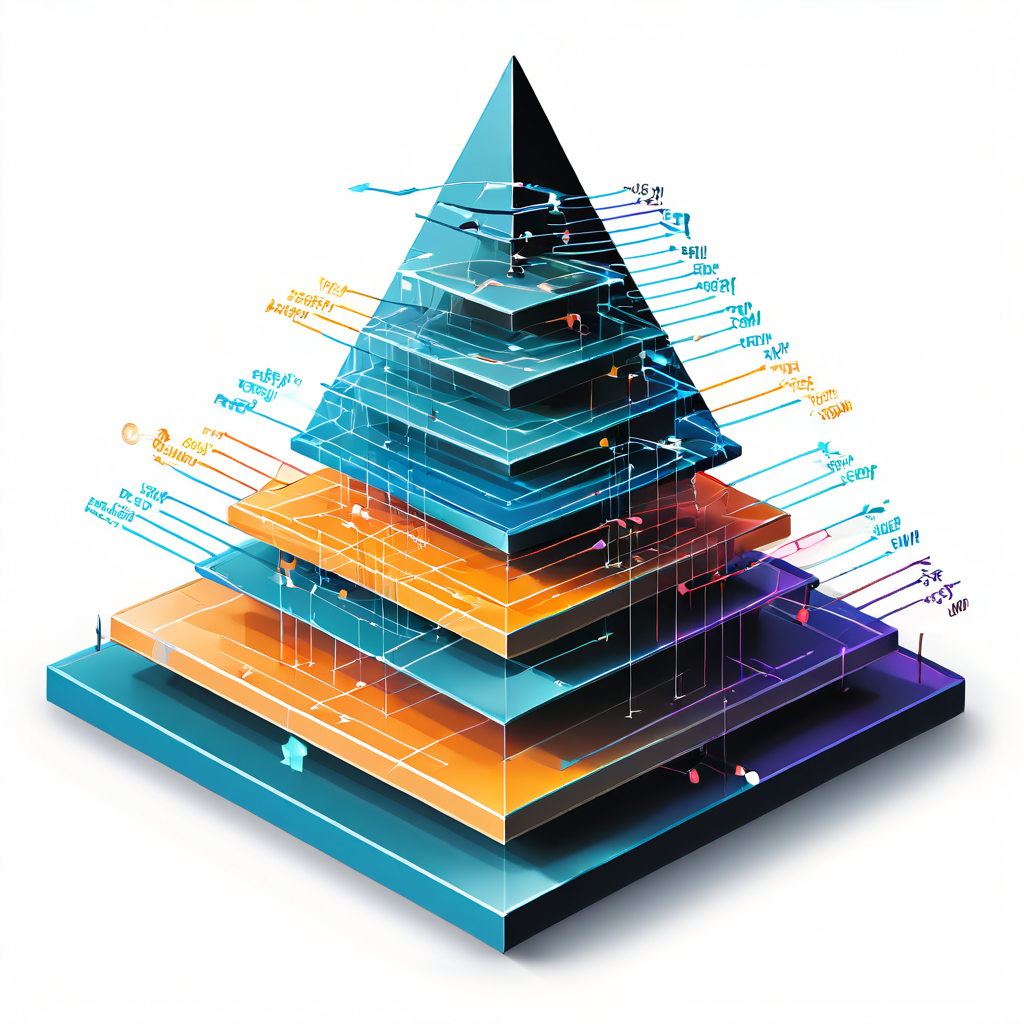 편향된 데이터가 흘러들어가는 피라미드 형태의 활동 순위 체계를 3D 다이어그램으로 표현하여 알고리즘의 내재적 편향 문제를 시각적으로 설명하는 이미지입니다.