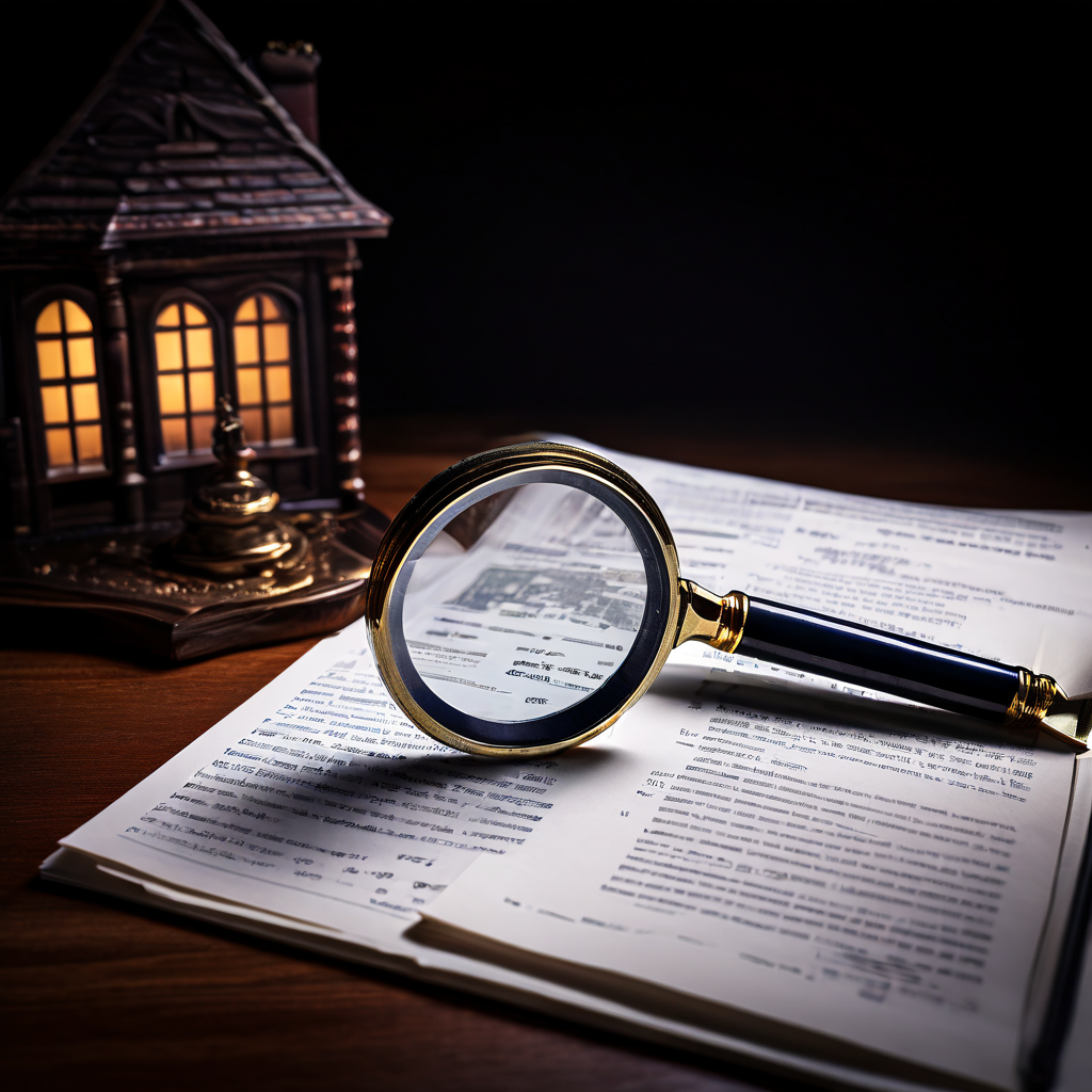 문서 위에 놓인 탐정의 돋보기가 집 모양 렌즈를 통해 핵심 정보를 집중적으로 비추고 있는 모습으로, 중요한 단서를 발견하는 추리 과정을 상징적으로 표현합니다.