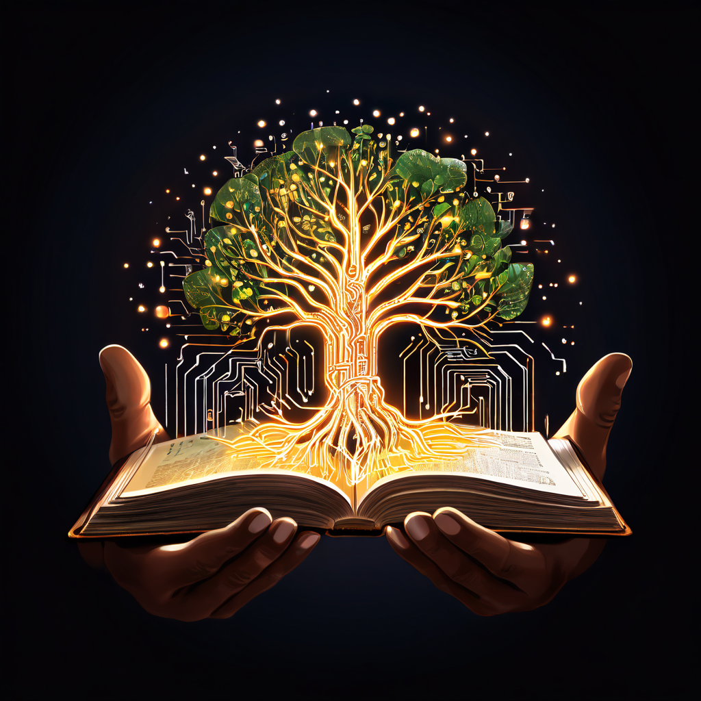 비판적 사고의 성장을 상징적으로 표현한 이미지로, 빛나는 씨앗을 들고 있는 손에서 뻗어나온 뿌리가 회로판과 펼쳐진 책으로 뻗어나가는 모습을 보여줍니다.