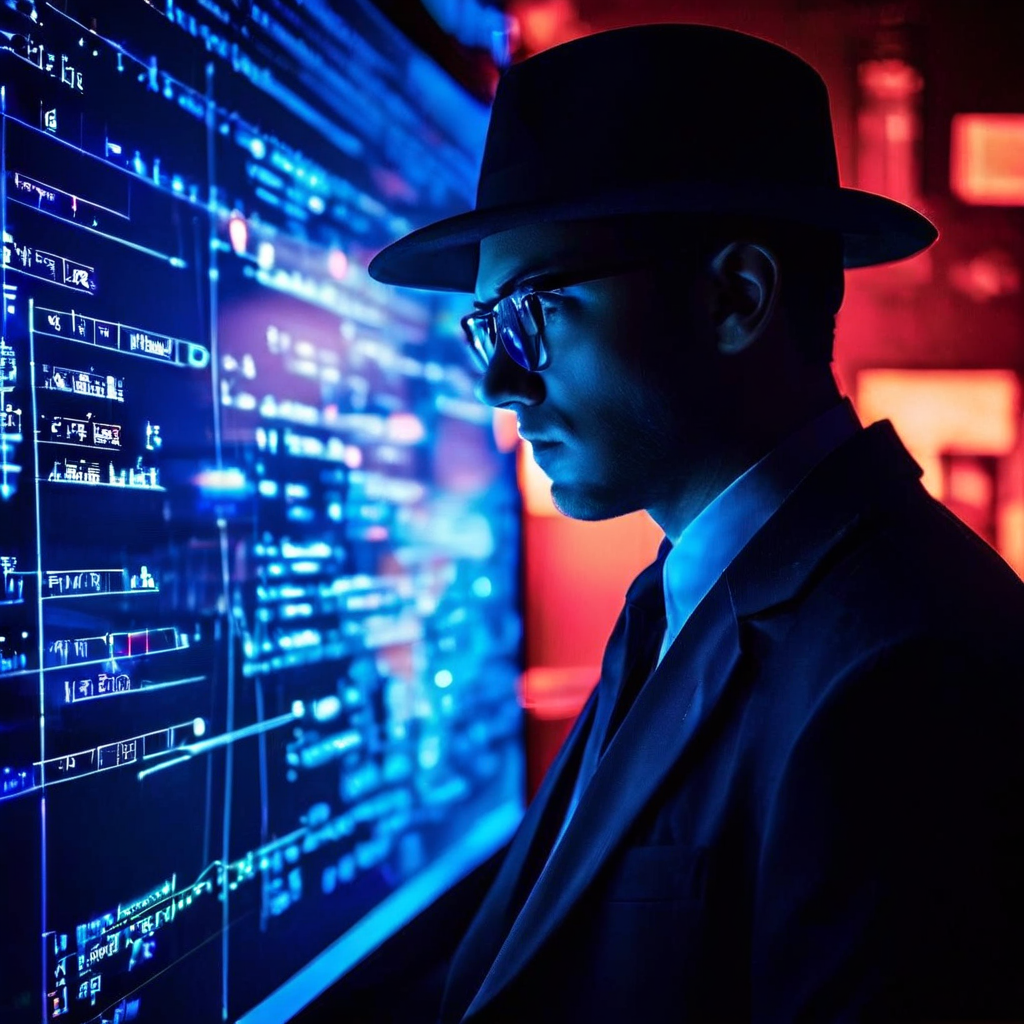 디지털 수사관이 가짜 소셜 미디어 계정 네트워크를 분석하며 글의 모순점을 찾아내는 디지털 증거 조사 과정을 상징적으로 묘사한 이미지입니다.