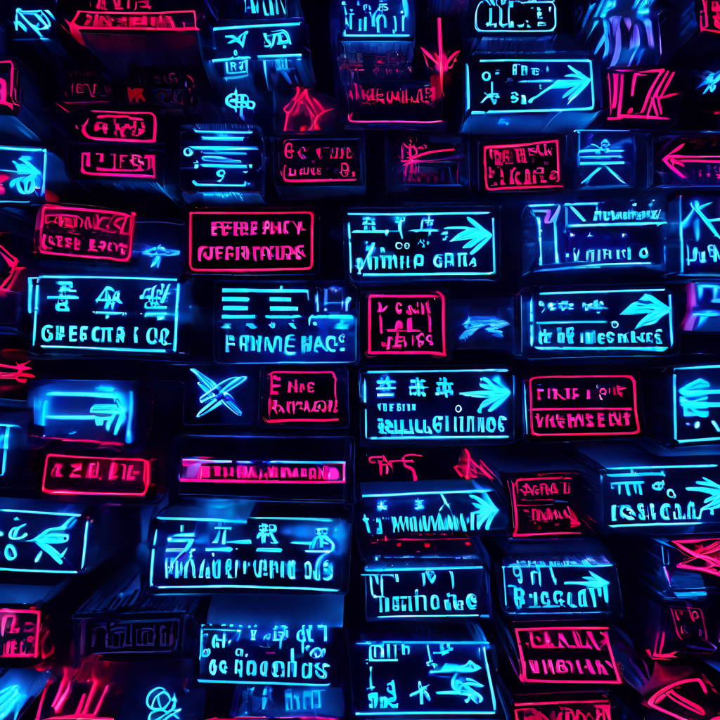 두 번째 이미지는 반복되는 패턴으로 배열된 빛나는 텍스트 조각들을 확대한 것으로, 강조된 서체와 강력한 키워드, 화살표와 별 같은 설득력 있는 상징 요소를 선명하게 보여줍니다.