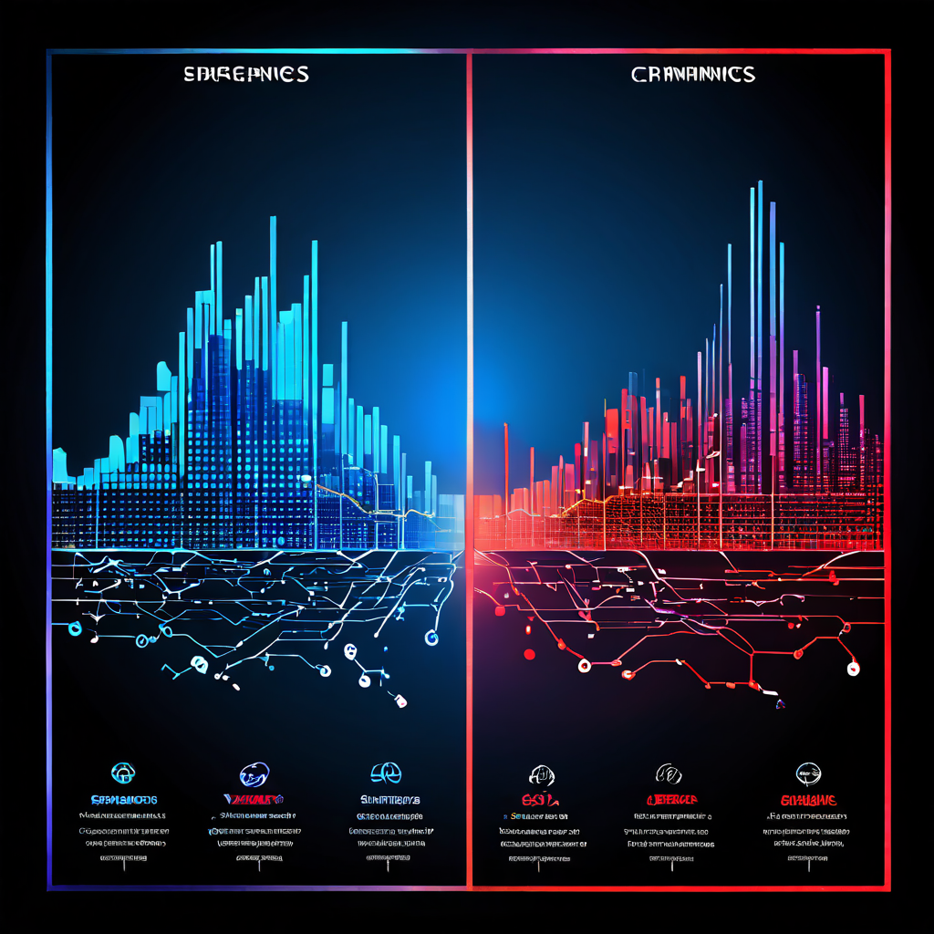 두 개의 경쟁 도메인 성능을 화살표와 지표로 비교 분석한 대조 차트로, 주요 벤치마크와 핵심 차이점을 한눈에 확인할 수 있습니다.