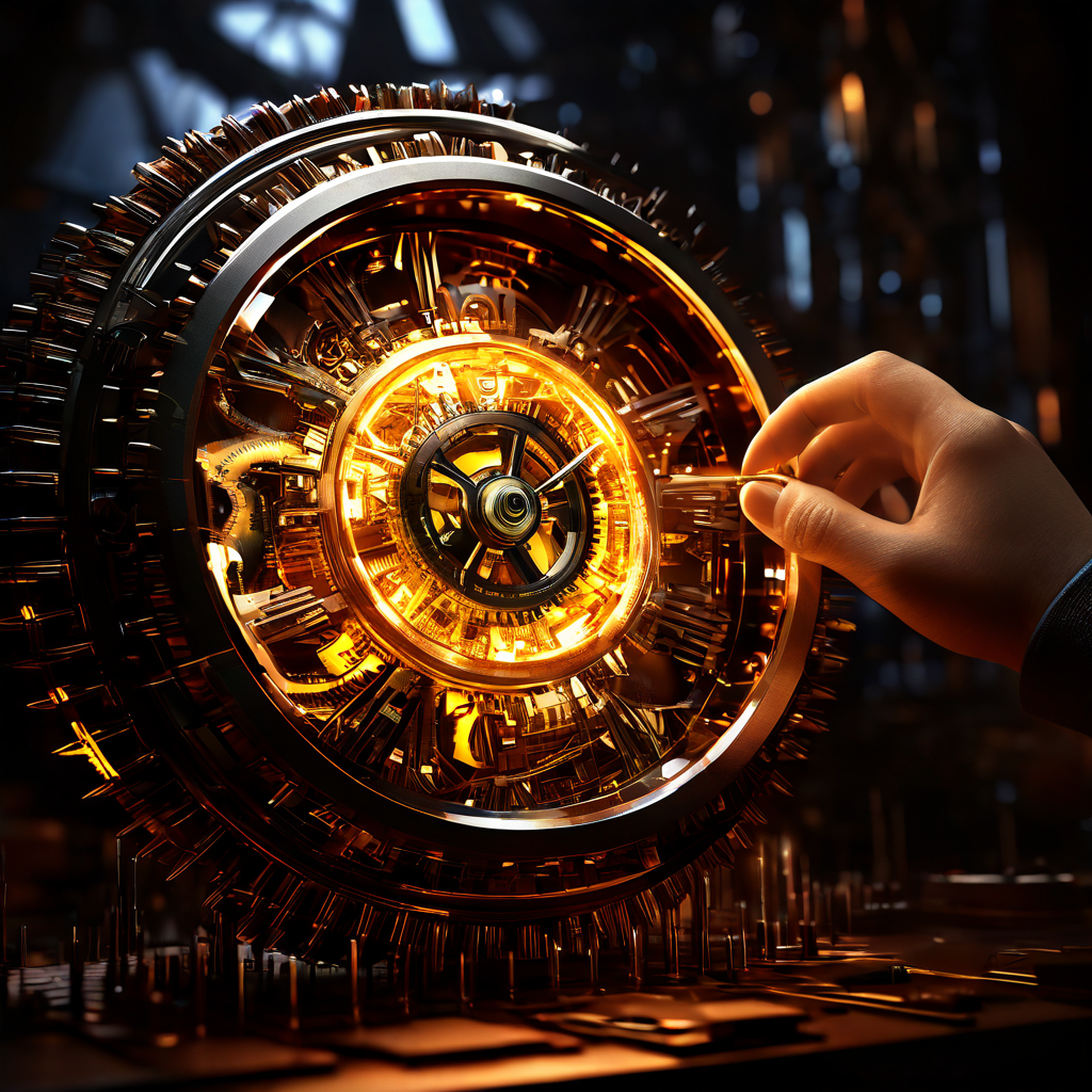 자동화된 기어 네트워크를 감시하는 빛나는 디지털 눈 옆에서 손이 정밀한 다이얼을 미세하게 조정하는 산업 자동화와 기술 통제의 개념을 시각화한 이미지입니다.