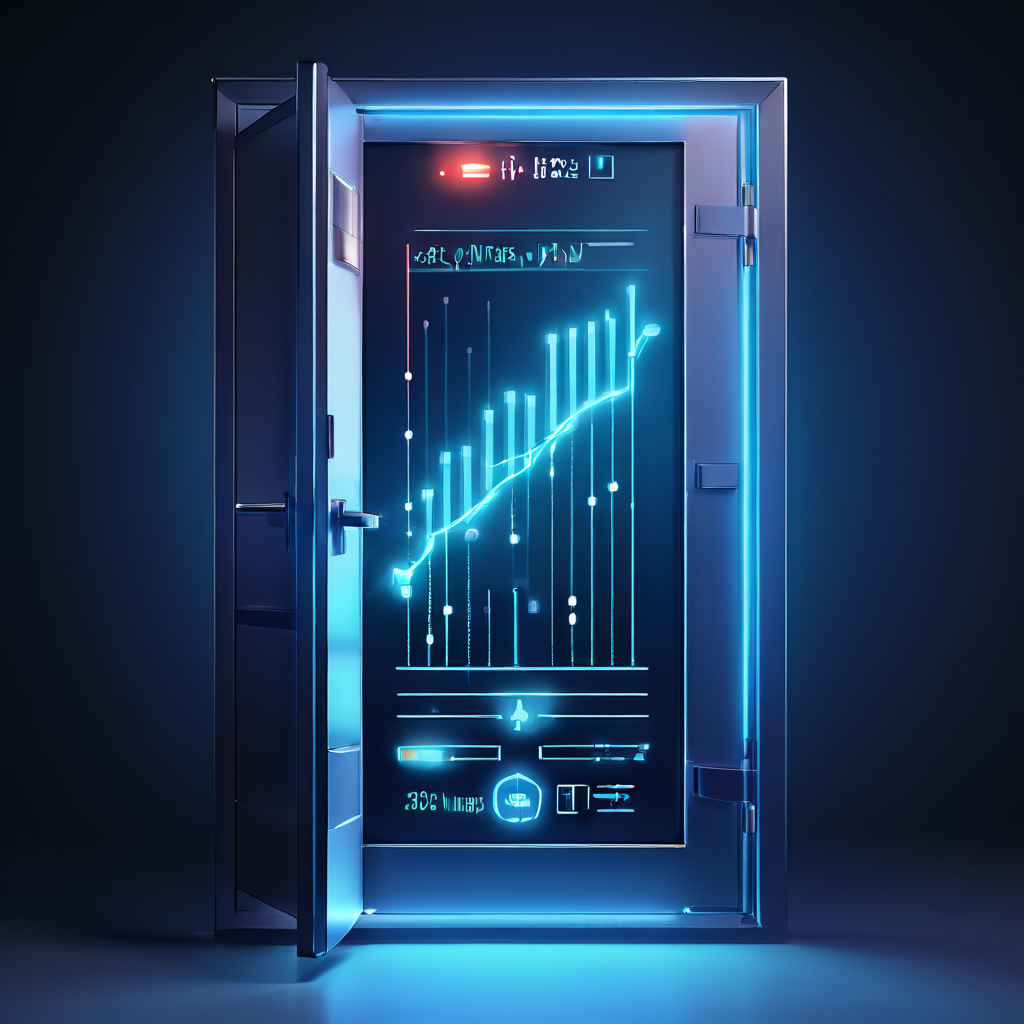 디지털 금고 문이 자동으로 열리며 빛나는 확인 표시가 흘러나오고, 옆의 그래프가 효율성의 급격한 상승을 나타내며 치솟는 모습을 담은 이미지입니다.