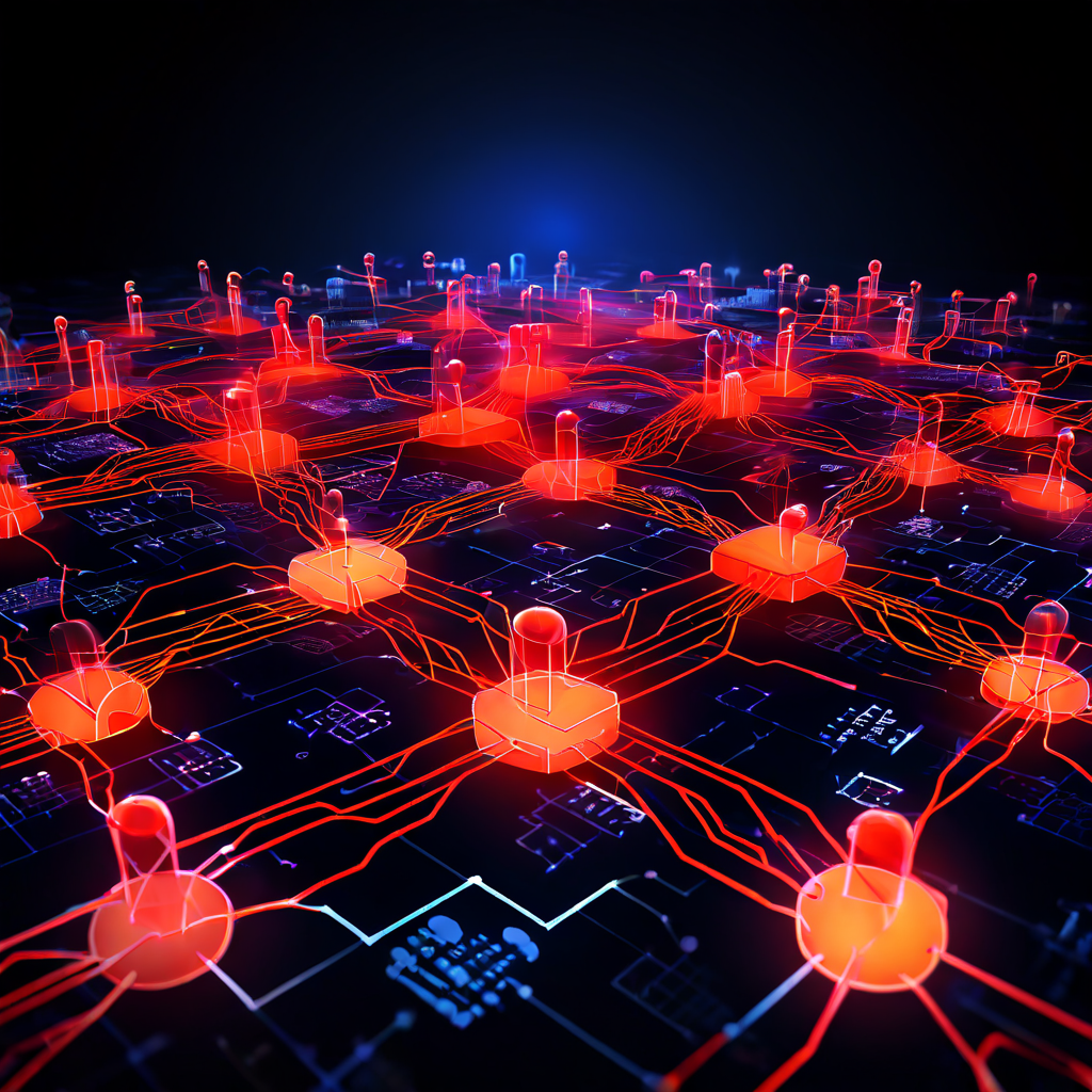 디지털 플랫폼 사이를 퍼져나가는 바이럴 루머가 알고리즘 노드에 의해 증폭되며 네트워크를 따라 확산되는 과정을 추상적인 플로우차트로 시각화한 개념도입니다.