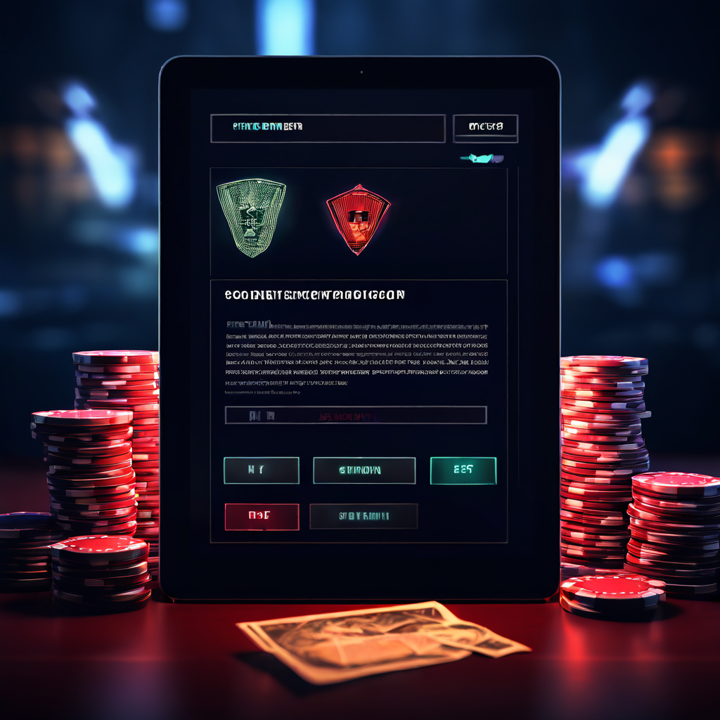 익명 제보 양식이 표시된 다크웹 인터페이스로, 카지노 칩과 은닉된 장부가 흐릿한 배경에 배치되어 불법 도박 및 자금 세탁과 같은 범죄 신고 시스템을 암시하는 이미지입니다.