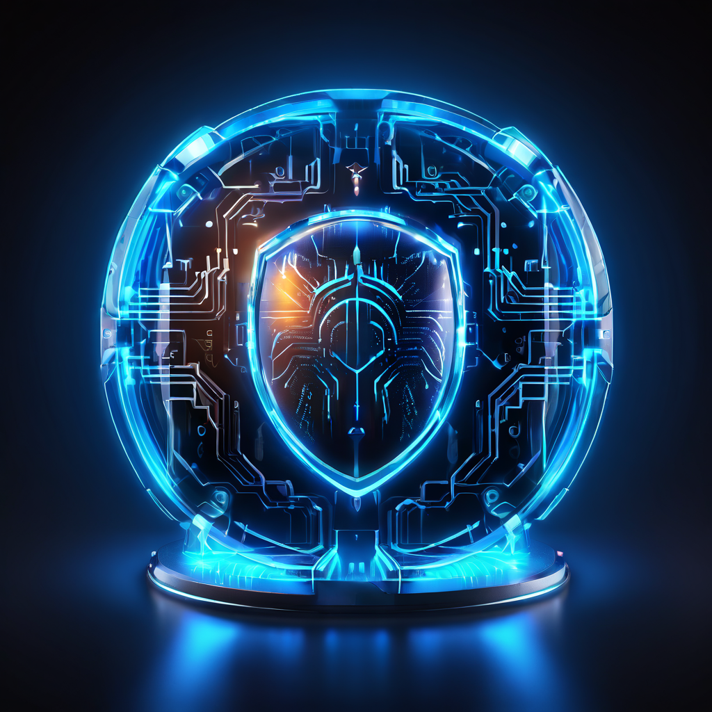 디지털 보안의 핵심을 상징하는 지문 스캐너와 디지털 방패가 빛나는 데이터 코어를 보호하며, 안전한 연결과 자물쇠 아이콘이 이를 둘러싼 방어 장벽을 형성하고 있습니다.