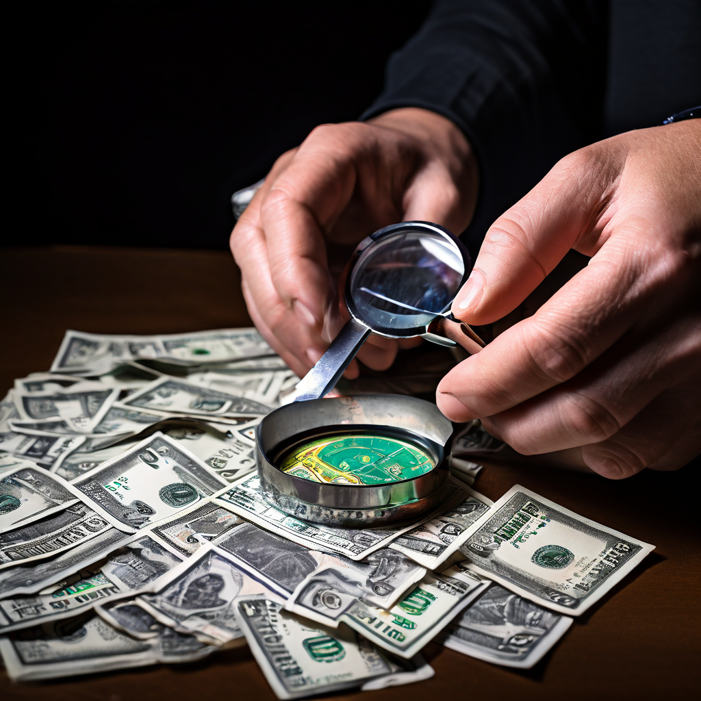 확대경으로 미세한 차이를 살피며 진짜 복권과 정교하게 위조된 가짜 복권을 나란히 비교하고 있는 모습을 담은 이미지입니다.