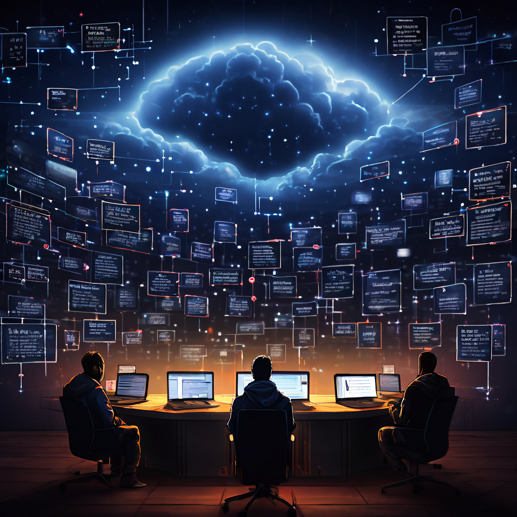 익명 게시판 디지털 생태계에서 검증되지 않은 정보가 퍼지며 루머라는 어두운 구름으로 변모하는 과정을 시각적으로 표현한 개념도입니다.