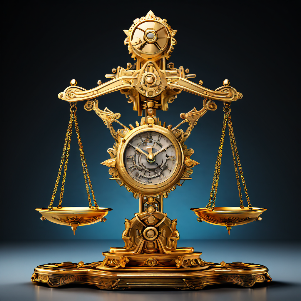 자동화 시스템의 효율성과 공정성을 상징하며 한쪽에는 황금색 기어가, 다른 한쪽에는 눈가리개를 한 인물이 올려진 균형 잡힌 저울을 묘사한 이미지입니다.