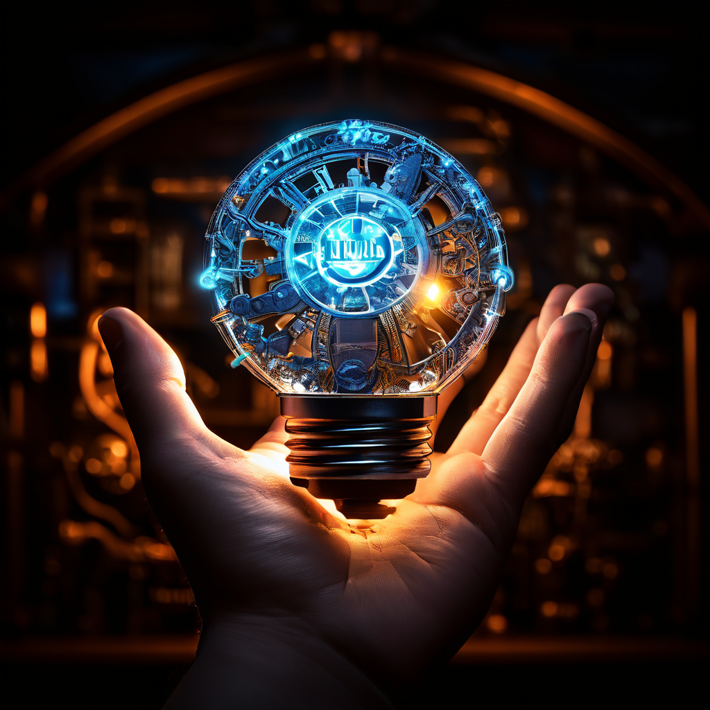 손이 빛나는 톱니바퀴 장치를 향해 뻗어 있으며, 장치에는 '판단력'과 '기술'이라고 표시되어 있고 머리 위에는 깨달음을 상징하는 전구가 빛나고 있습니다.