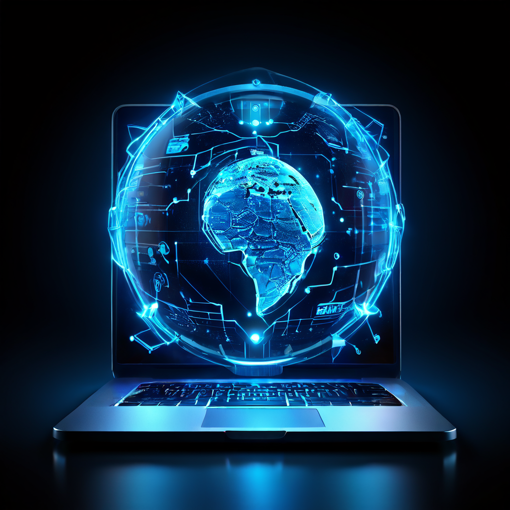 디지털 지구가 내장된 빛나는 보안 방패가 노트북의 인증된 접속 메시지와 안전한 선으로 연결되어 사이버 보안의 신뢰와 검증 개념을 시각화합니다.