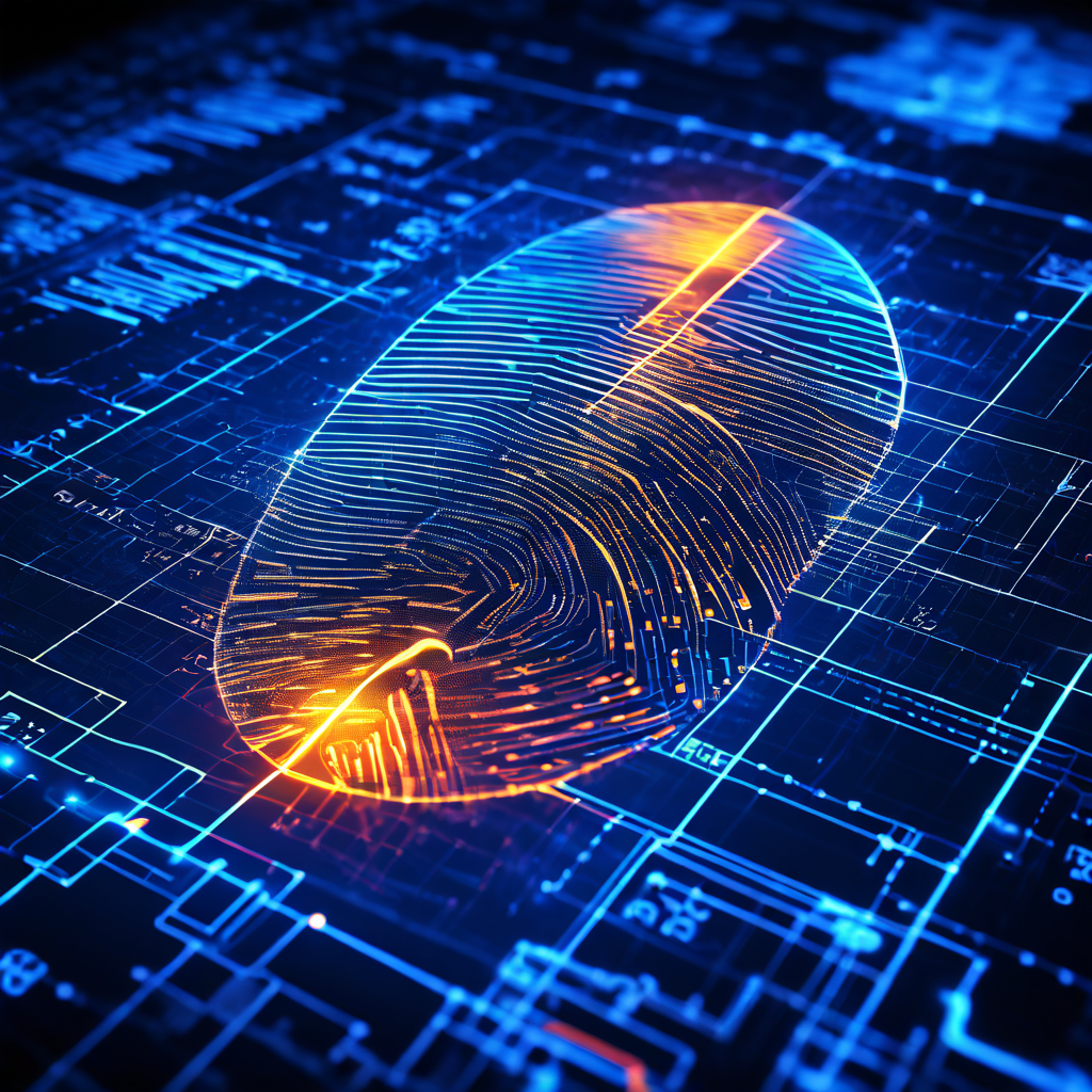 생체 인식 보안 시스템의 핵심 개념을 형상화한 블루프린트가 발광 지문 위에 겹쳐져 있으며, 기하학적 선과 체크 표시로 분석 과정을 시각적으로 표현한 이미지입니다.