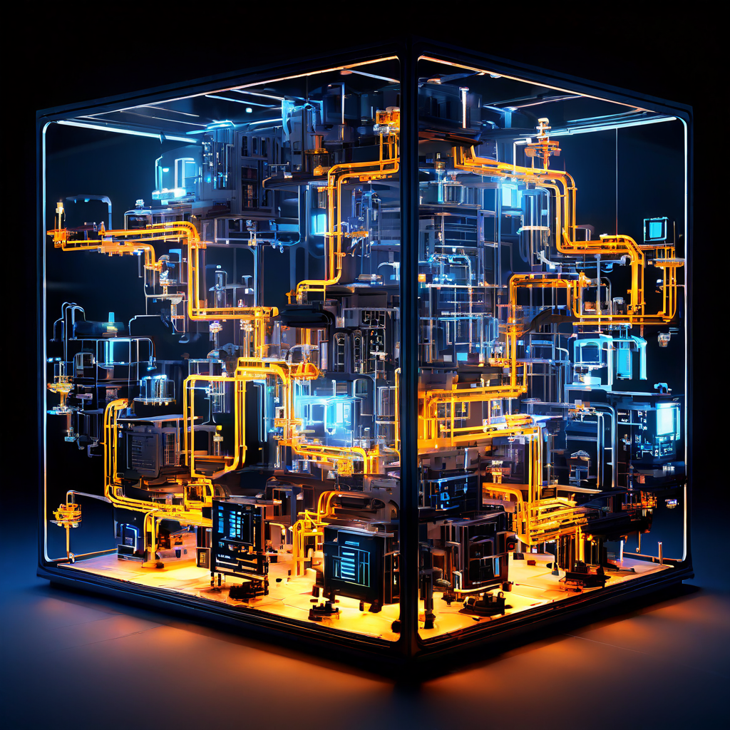 다양한 디지털 및 기계적 환경에 우아하게 연결되고 적응하는 빛나는 모듈식 퍼즐로, 여러 솔루션 환경 간의 완벽한 통합을 상징적으로 표현한 이미지입니다.