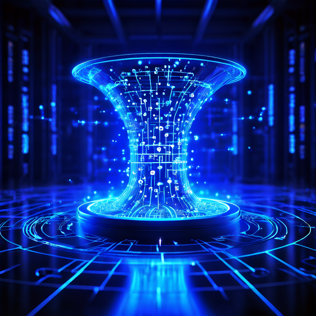 데이터베이스 최적화의 중요성을 상징적으로 보여주는 이미지로, 깔때기 모양의 병목 현상을 겪는 빛나는 데이터 구조를 최적화 키가 해제하며 원활한 데이터 흐름이 이루어지는 모습을 묘사합니다.