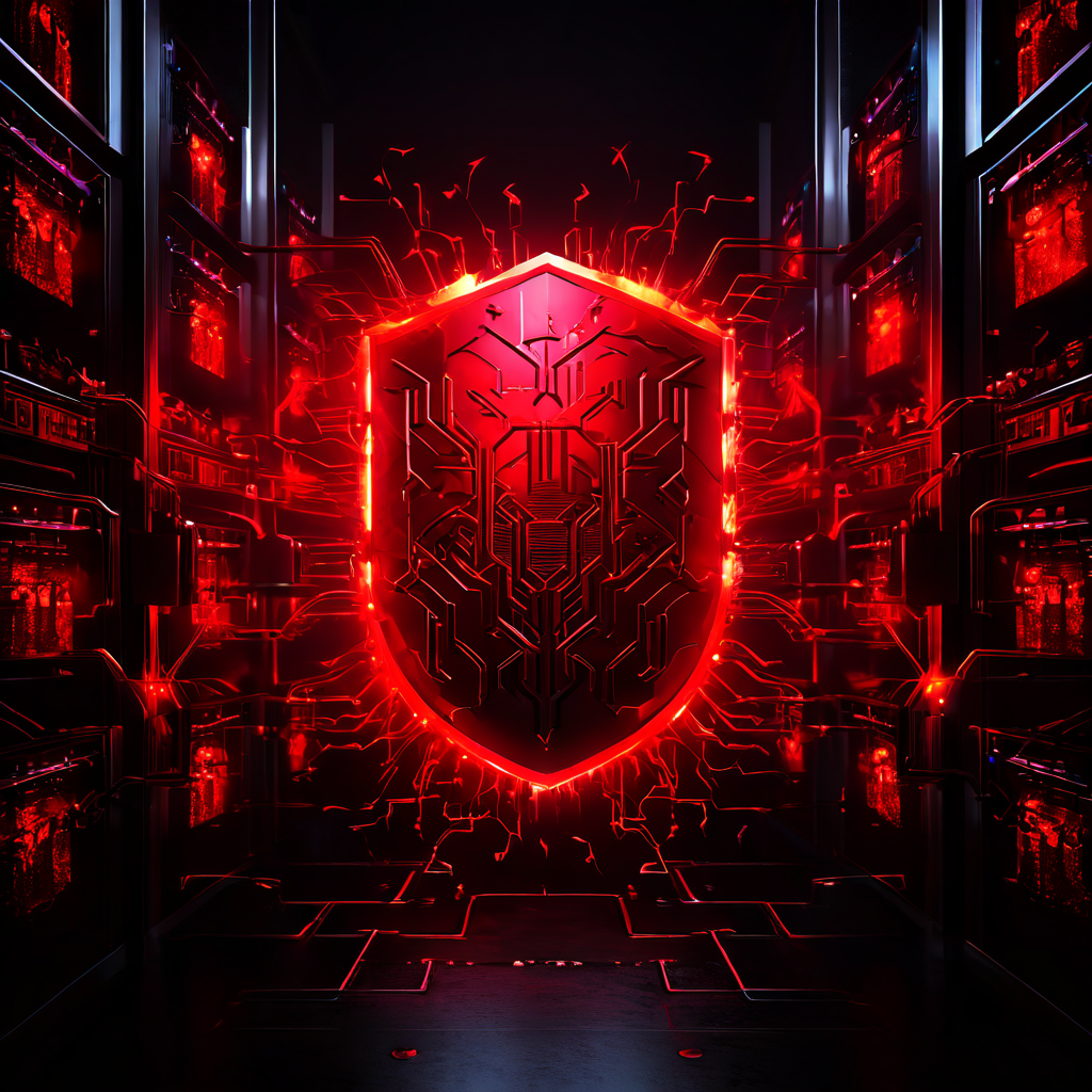 서버 랙을 배경으로 디지털 방패가 빨갛게 빛나는 바이러스 군집, 악성 코드, 해커 상징물들을 막아내는 사이버 보안의 중요성을 상징적으로 보여주는 이미지입니다.