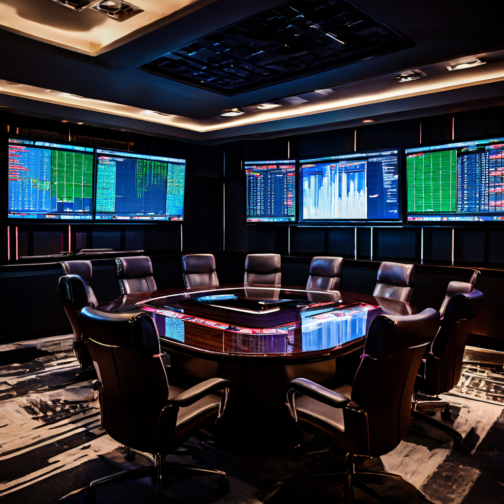 대형 화면에 공개된 베팅 데이터 기록을 분석가들이 리뷰하며 패턴과 결과를 파악하는 긴장감 넘치는 회의실 장면을 담은 이미지입니다.