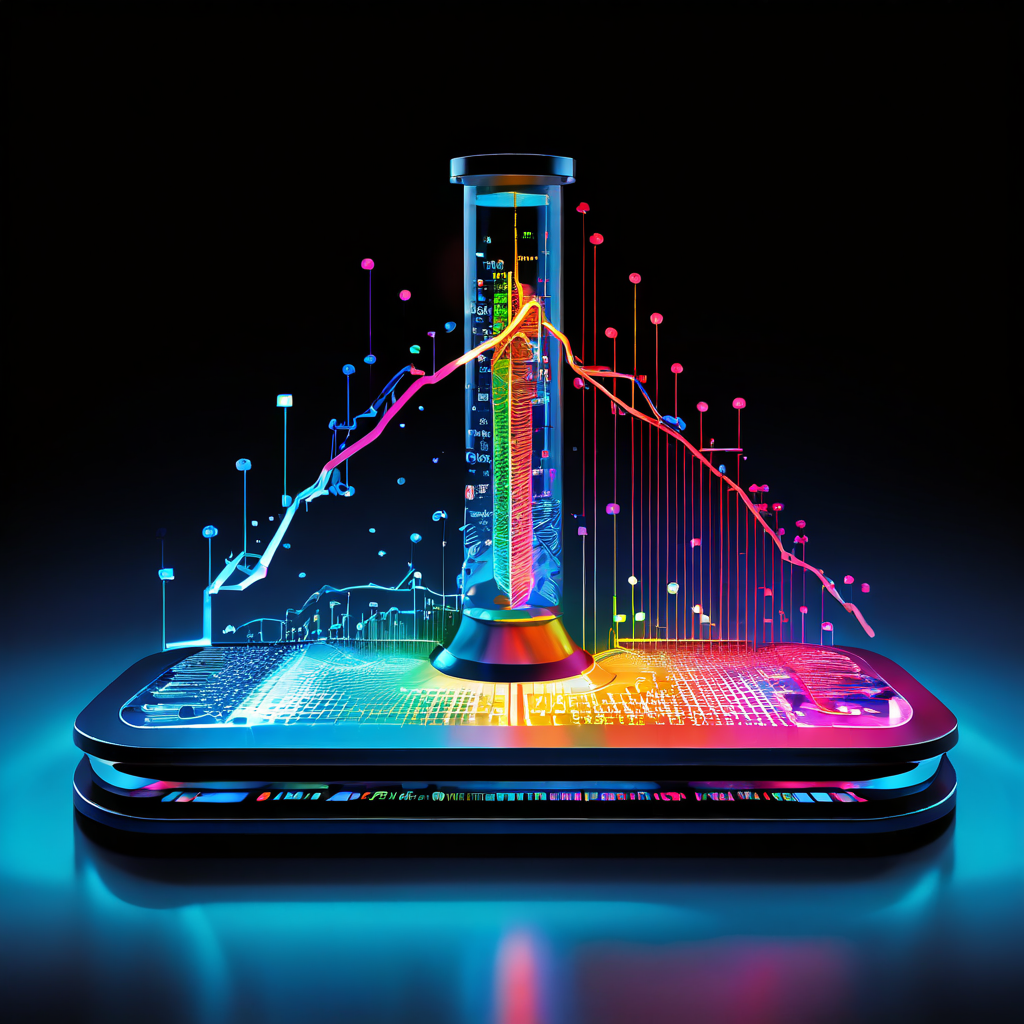 데이터 분석에서 속도와 시각화의 균형을 상징적으로 표현한 이미지로, 한쪽에는 번개를 다른 한쪽에는 복잡한 데이터 차트를 올려놓은 디지털 저울을 묘사하고 있습니다.