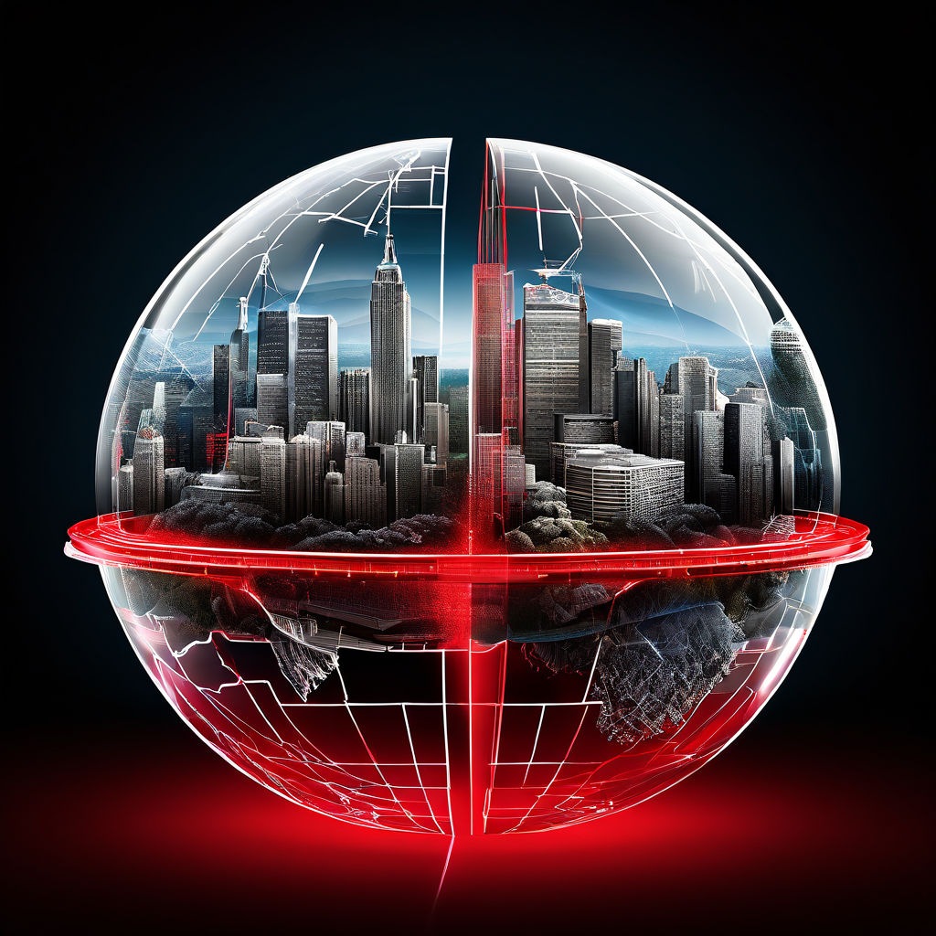 분할된 지구본이 법적 환경의 대조를 보여주는 이미지로, 한쪽은 복잡한 규제와 장벽으로 가득하고 다른 쪽은 개방된 디지털 네트워크와 최소한의 장애물을 나타냅니다.