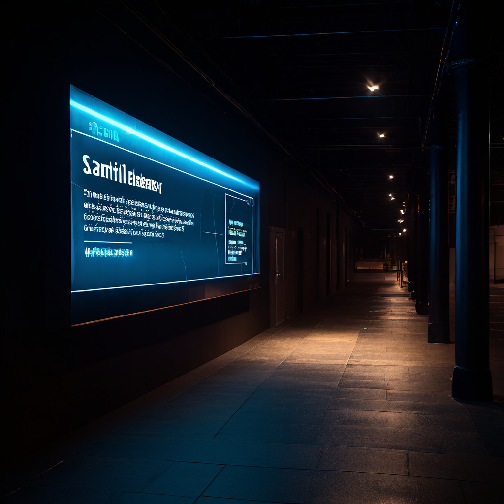 안전 장벽이라고 적힌 공공 표지판이 아이디어와 연결성을 억누르는 긴 그림자를 드리우고 있는 디지털 벽의 모습을 표현한 이미지입니다.