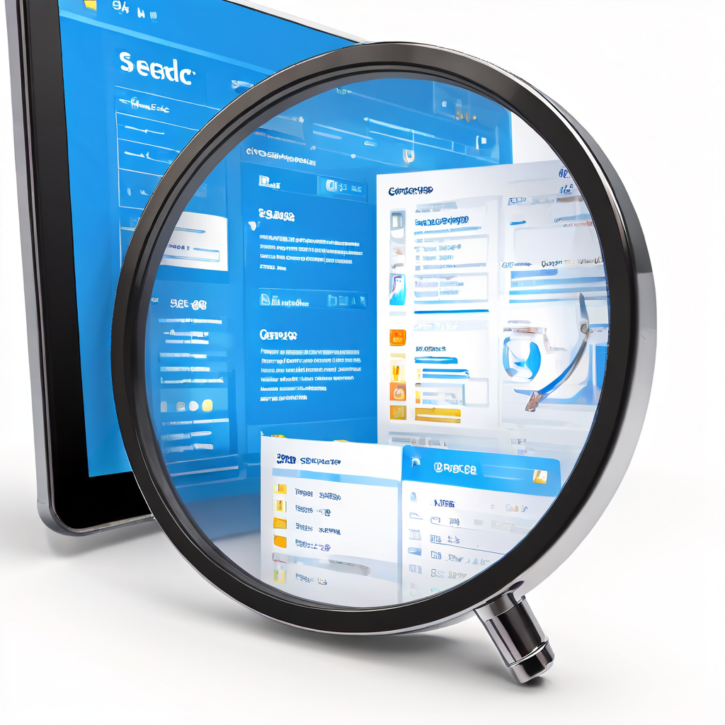 검색 결과 페이지가 확대경으로 정리되며 복잡한 상태에서 깔끔하게 체계화되는 과정을 시각적으로 보여주는 디지털 화면 이미지입니다.