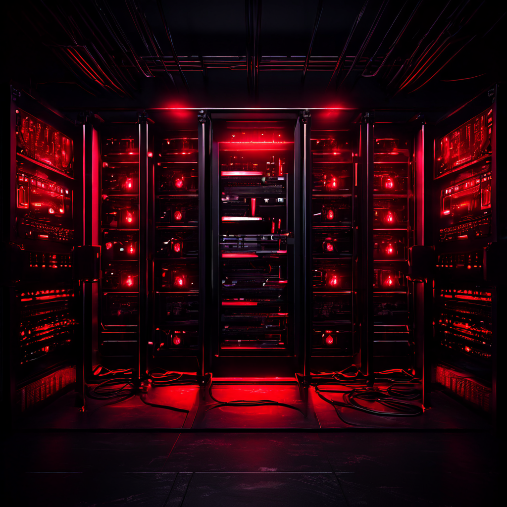 서버 장애나 보안 위험을 경고하는 빨간색 점등 케이블이 연결된 디지털 서버 랙이 위험 표시와 함께 어둠 속에 묘사된 이미지입니다.