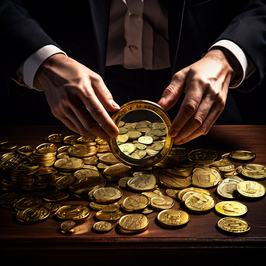 탐정의 돋보기 아래 진짜 금화와 가짜 금화를 분류하는 손을 통해 검증과 신뢰의 개념을 시각적으로 표현한 이미지입니다.