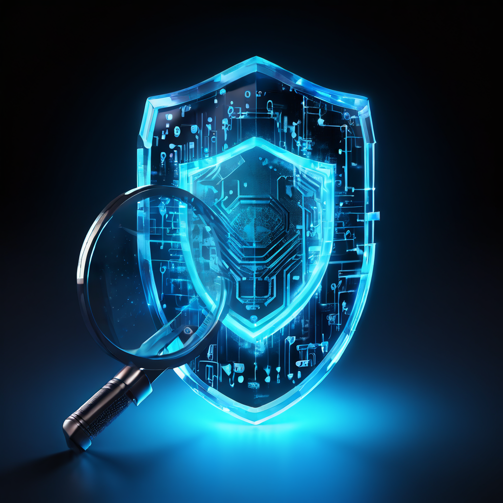 디지털 보안 방패가 빛나는 개인 데이터 파일을 보호하고 있으며, 확대경을 통해 데이터의 보안 상태를 점검하는 과정을 상징적으로 표현한 이미지입니다.