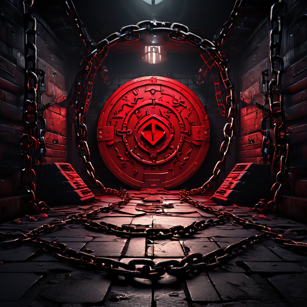 디지털 자산 투자의 위험성을 상징하는 위험 경고 표지판과 끊어진 사슬 고리가 있는 위험한 디지털 경로가 코인으로 가득한 금고로 이어지는 개념 이미지입니다.