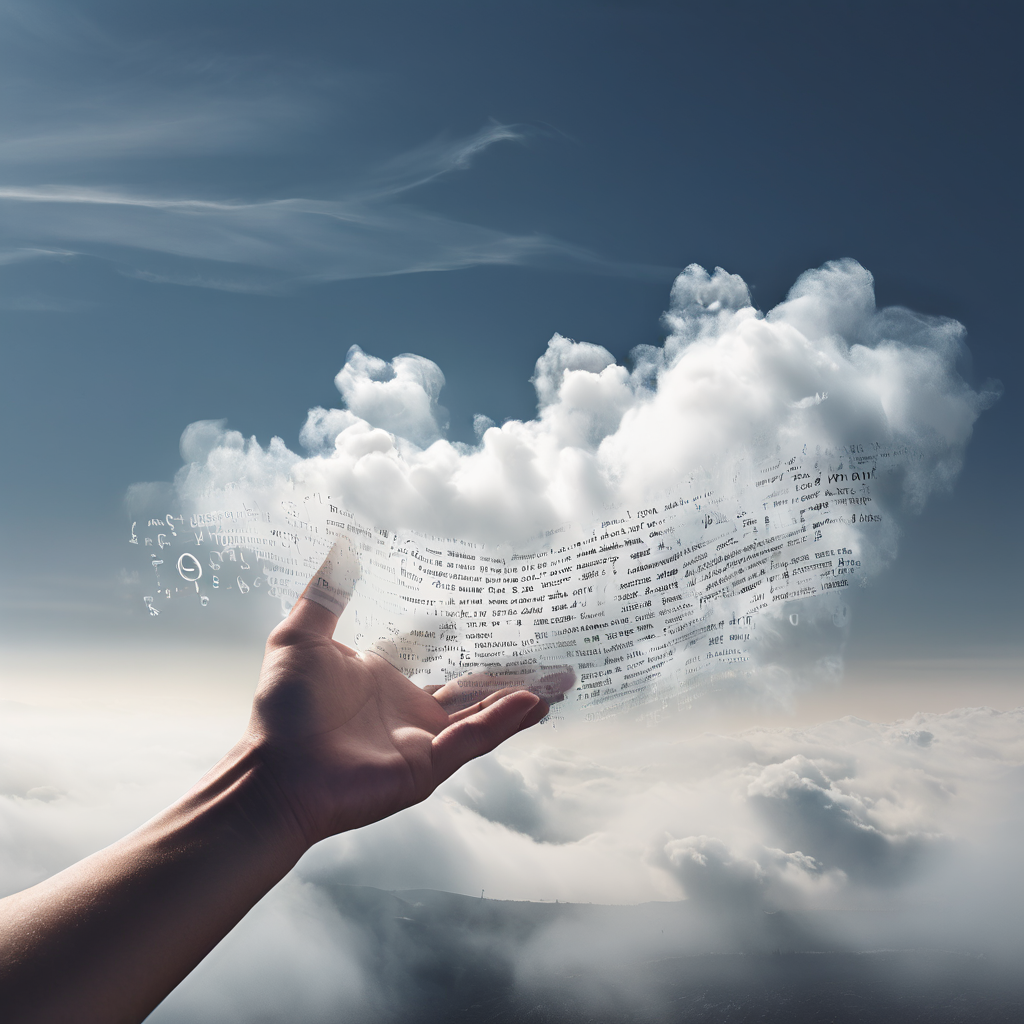 사용 설명서의 글자가 흐릿하고 변화하는 구름으로 변형되며, 안내하는 손가락이 안개 속으로 흩어져 사라지는 개념적 이미지를 묘사합니다.