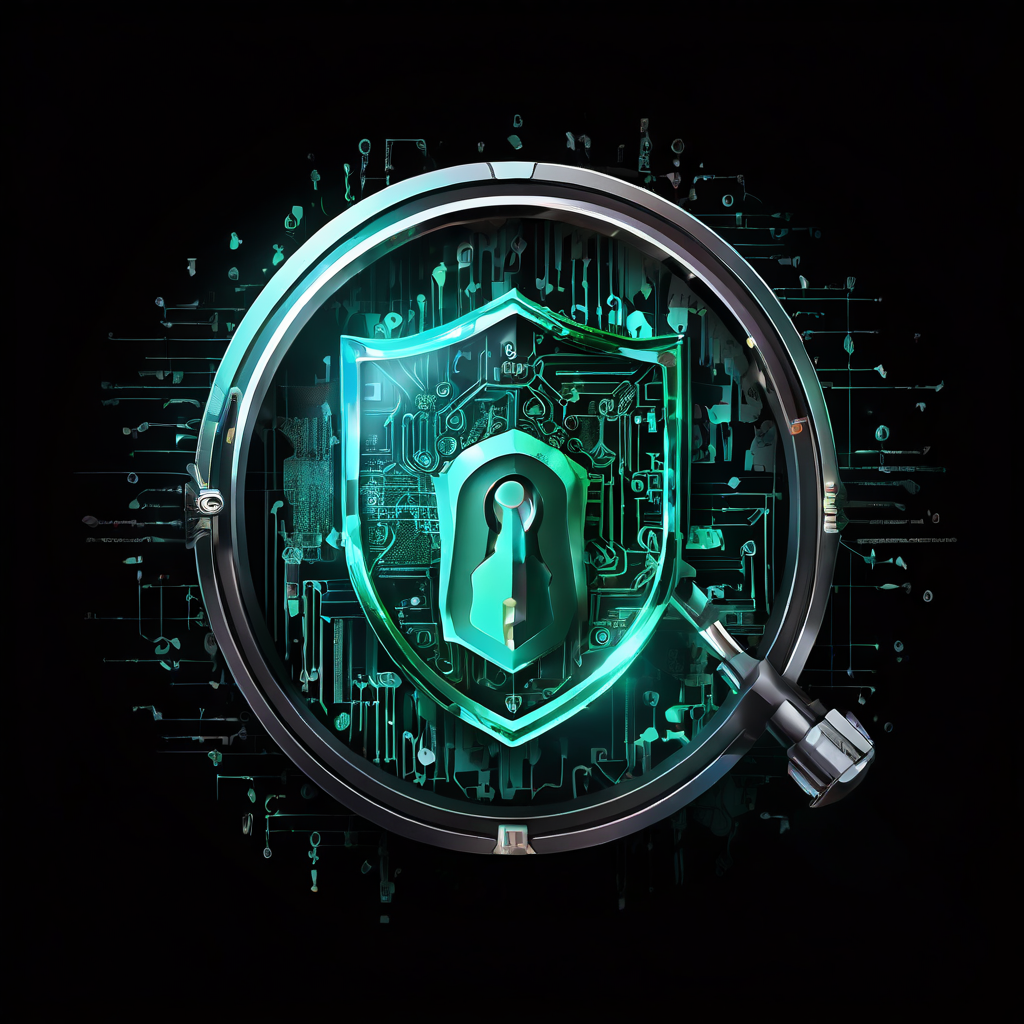 디지털 보안과 해킹 방지 개념을 상징하는 컴퓨터 화면 속 자물쇠와 방패 아이콘을 확대경으로 분석하는 모습을 표현한 이미지입니다.