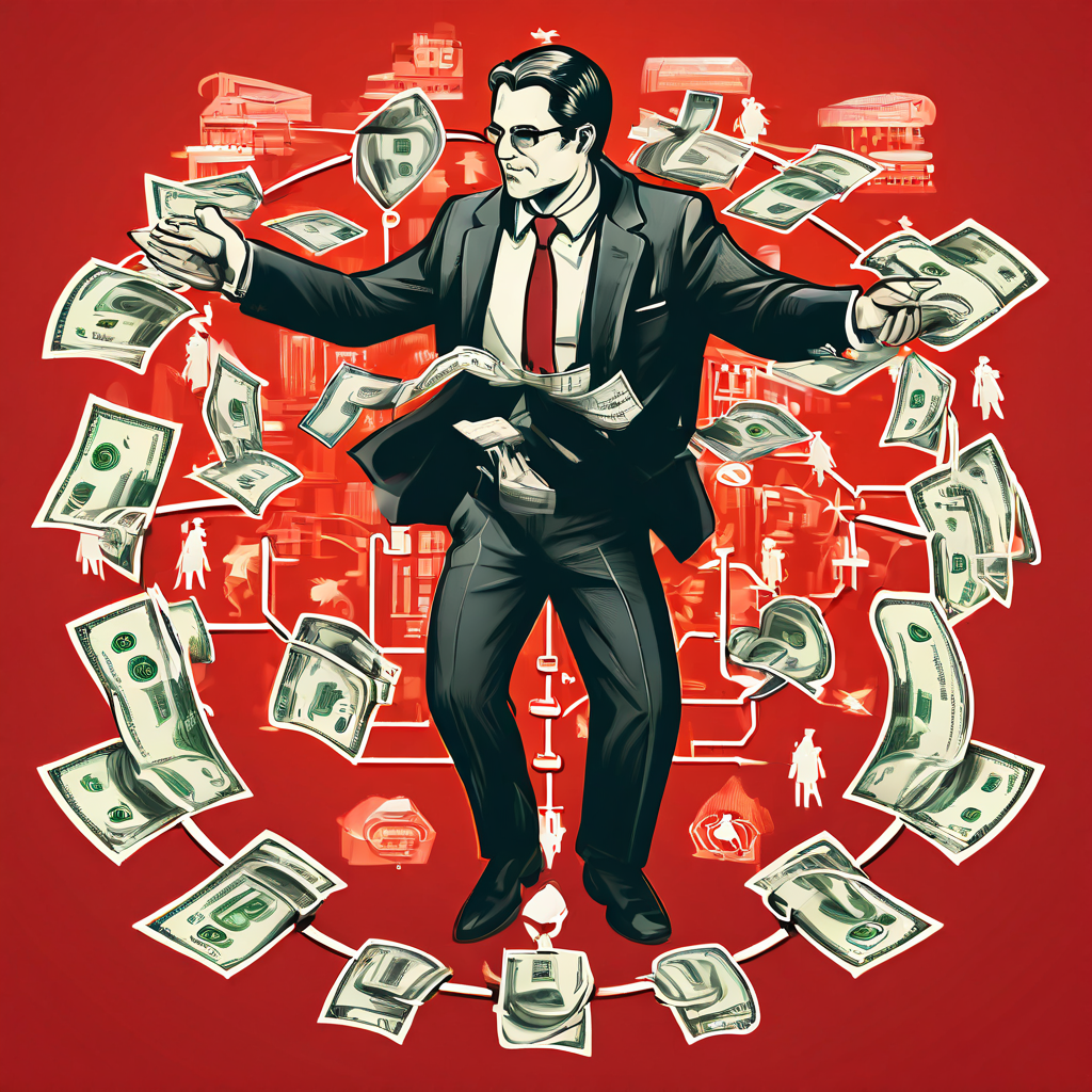 정부 배지와 기업 수트를 동시에 착용한 갈등적인 인물이 중앙에 위치하며, 공공 자금이 사적 이익으로 흘러가는 과정을 보여주는 복잡한 유동성 도표입니다.