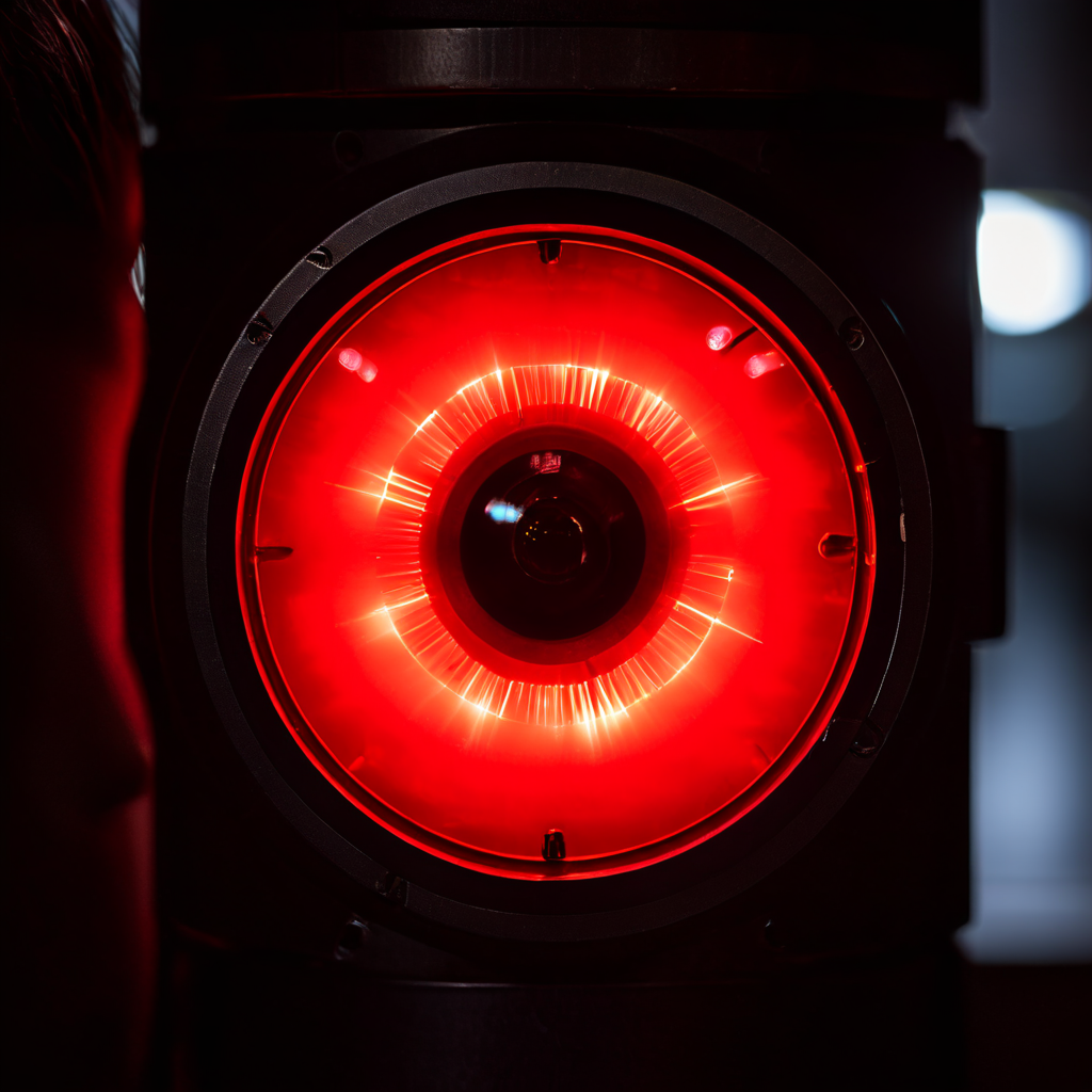 긴급하게 점멸하는 선명한 적색 경고등을 응시하며 집중하는 사람의 눈은 위험 신호에 대한 즉각적인 대처와 경계의 중요성을 강조합니다.