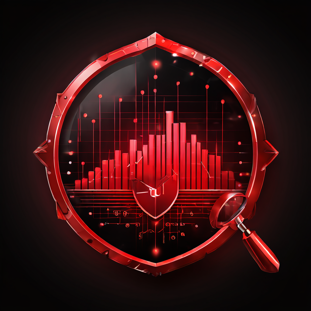 사기 거래를 즉각적으로 검증하고 빈도 분석을 수행하는 보안 시스템을 상징적으로 표현한 이미지로, 방패 위의 확대경이 빈번한 경고 신호를 나타내는 그래프를 스캔하고 있습니다.