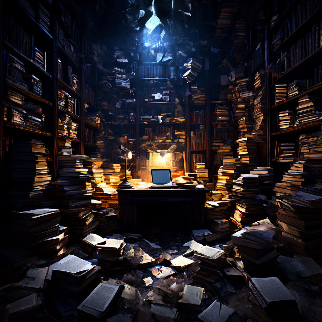디지털 파일과 문서가 무질서하게 쌓여 부패하는 모습을 통해 정보 관리의 붕괴와 디지털 시대의 취약성을 상징적으로 보여주는 이미지입니다.