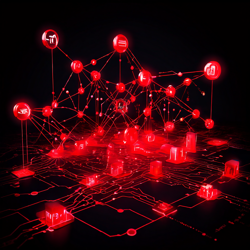 금융 거래 데이터를 중심으로 위험 노드와 경고 심볼이 강조된 빛나는 데이터 네트워크 맵이 사이버 보안 위협을 시각적으로 표현한 이미지입니다.