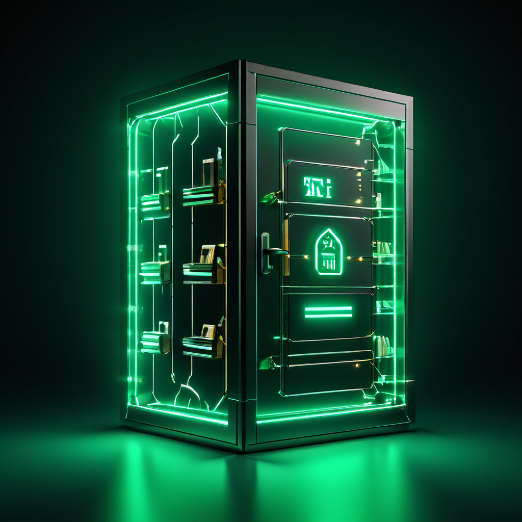 안전한 디지털 금고와 빛나는 자물쇠가 보안을 상징하며, 정리된 라벨 폴더와 상승하는 녹색 추세선이 체계적인 데이터 관리와 성장 가능성을 시각적으로 표현합니다.