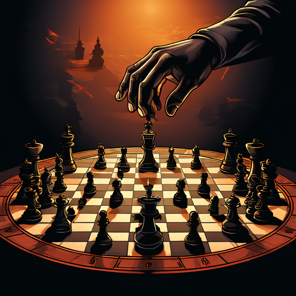 관리자의 전략적 통제를 상징하는 거대한 그림자 손이 체스판 위를 뒤덮고 있으며, 플레이어 시점에서 바라본 경영 전략의 압박감을 드러내는 일러스트입니다.