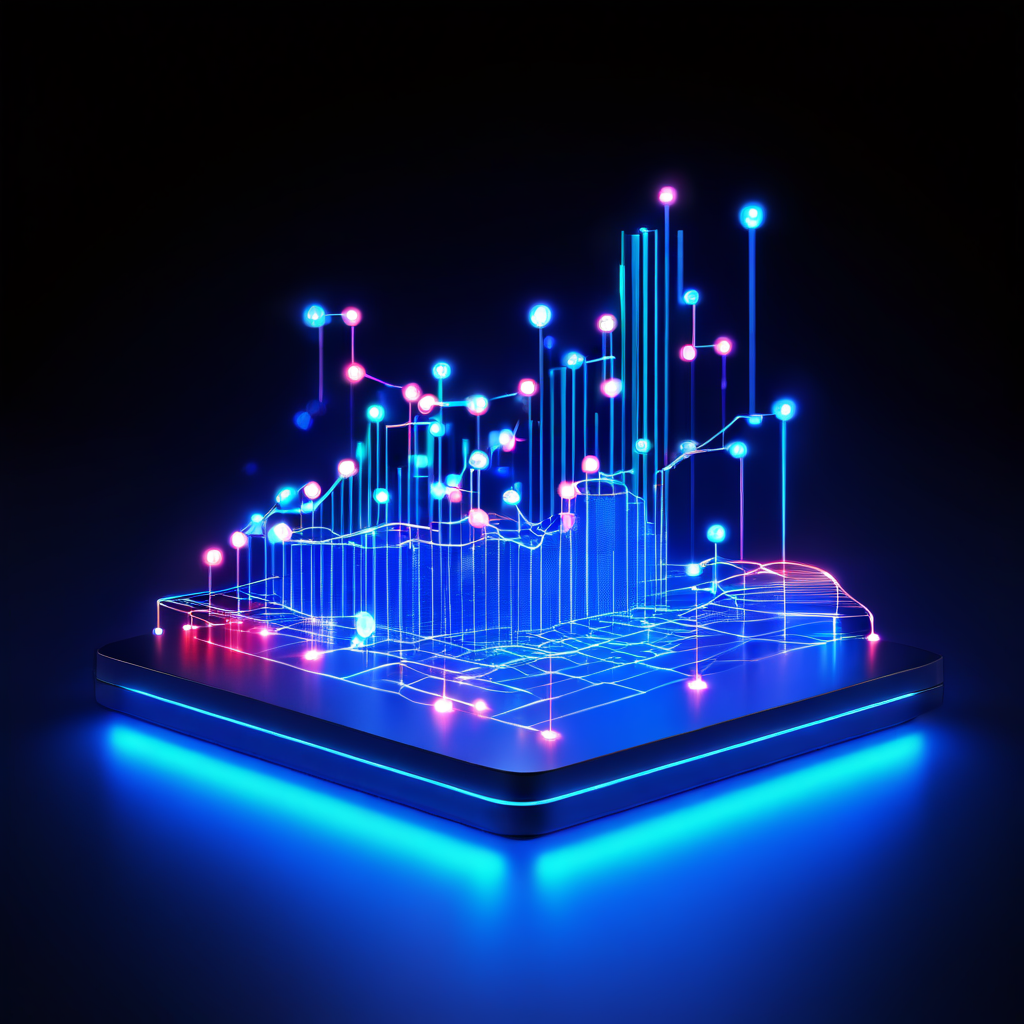 고객 서비스 매뉴얼이 빛나는 데이터 포인트로 변환되어 다른 데이터 포인트 네트워크와 연결되는 과정을 3D 그래프로 시각화한 이미지입니다.
