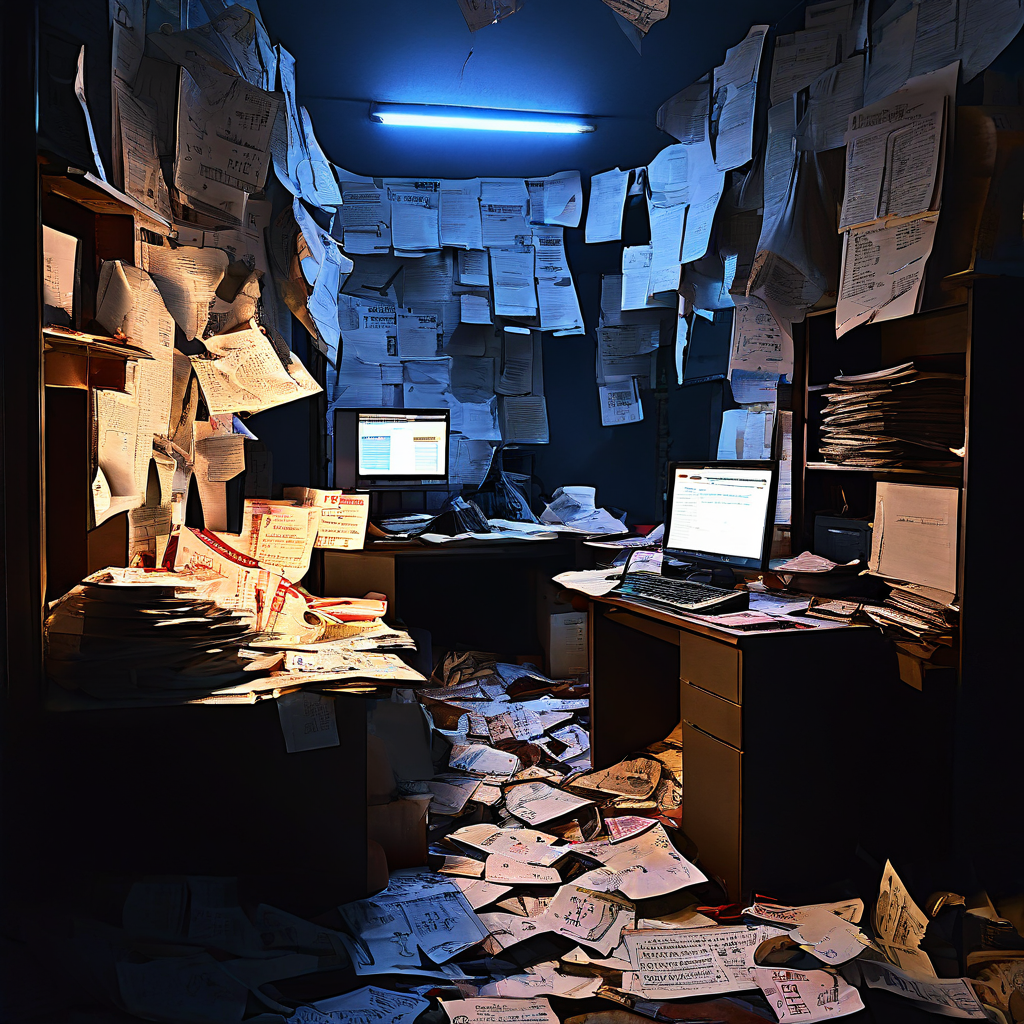 사기 검증 사이트의 혼란스러운 내부 작업장을 폭로하는 오타가 있는 찢어진 공식 공고문이 빠르게 전환되는 불안정한 상황을 표현한 이미지입니다.